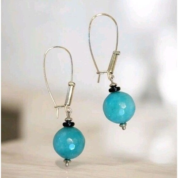 Green Faceted Stone Amazonite Large Bead Dangle Drop Earrings Long Wire Hooks - Picture 2 of 7